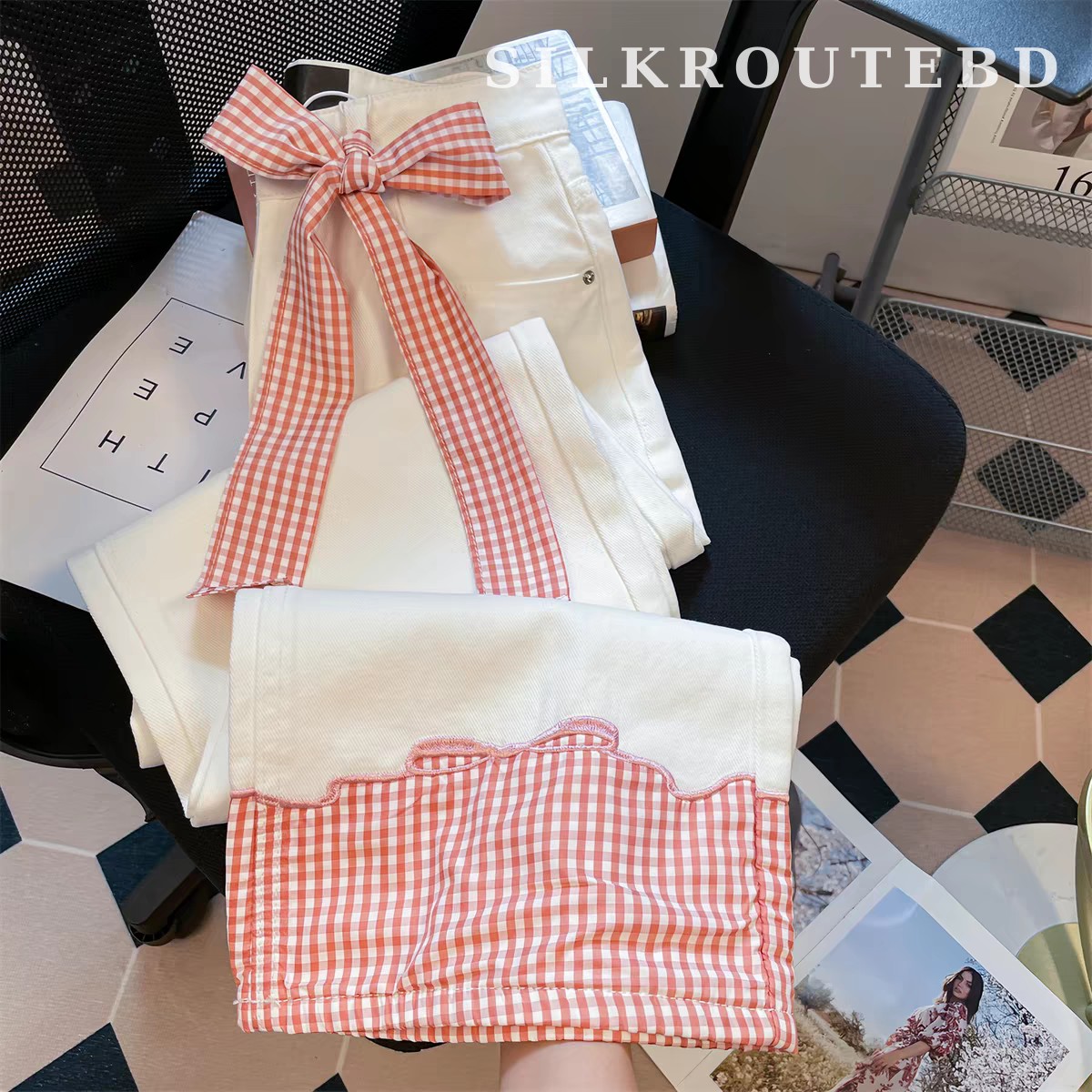 Pink Plaid Bow Spliced Relaxed Wide-Leg Jeans