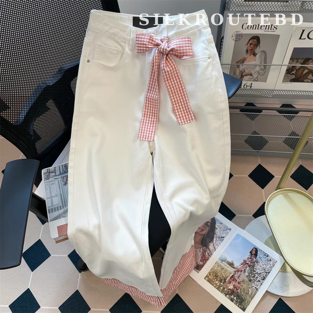 Pink Plaid Bow Spliced Relaxed Wide-Leg Jeans