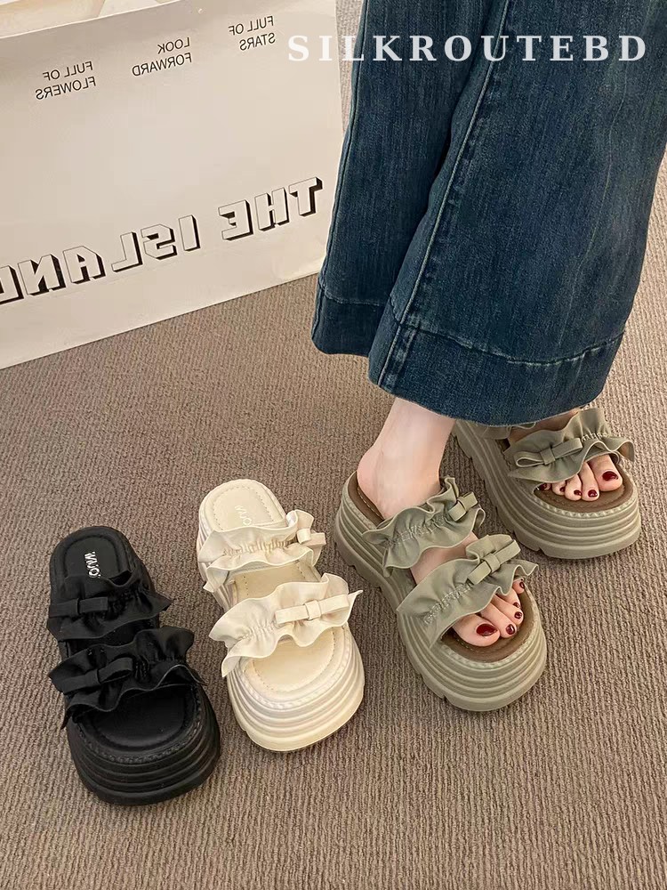 Youaisha Genuine Leather Ruffled Platform Slide Sandals