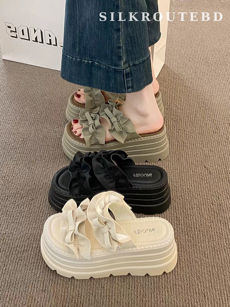 Youaisha Genuine Leather Ruffled Platform Slide Sandals