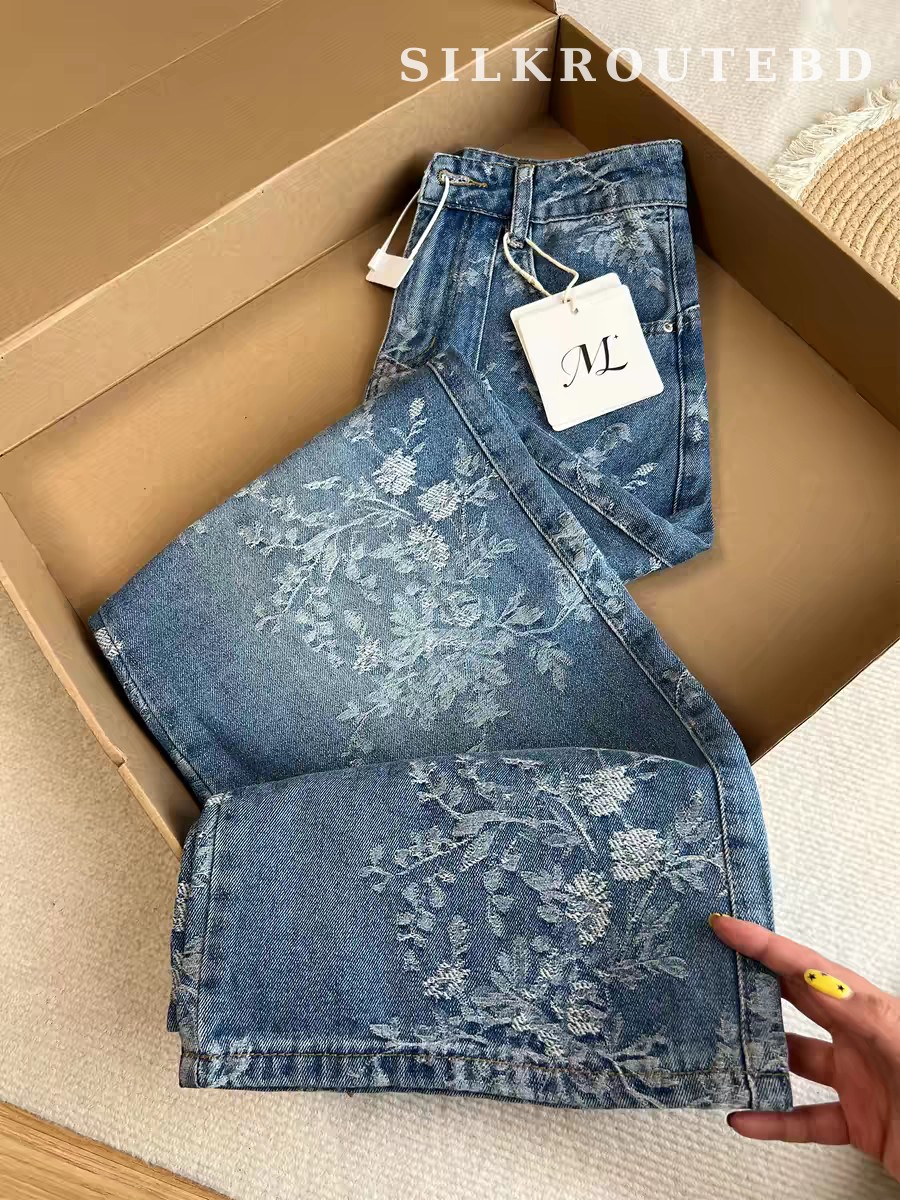 Vintage American Jacquard Embroidery Wide-Leg Jeans