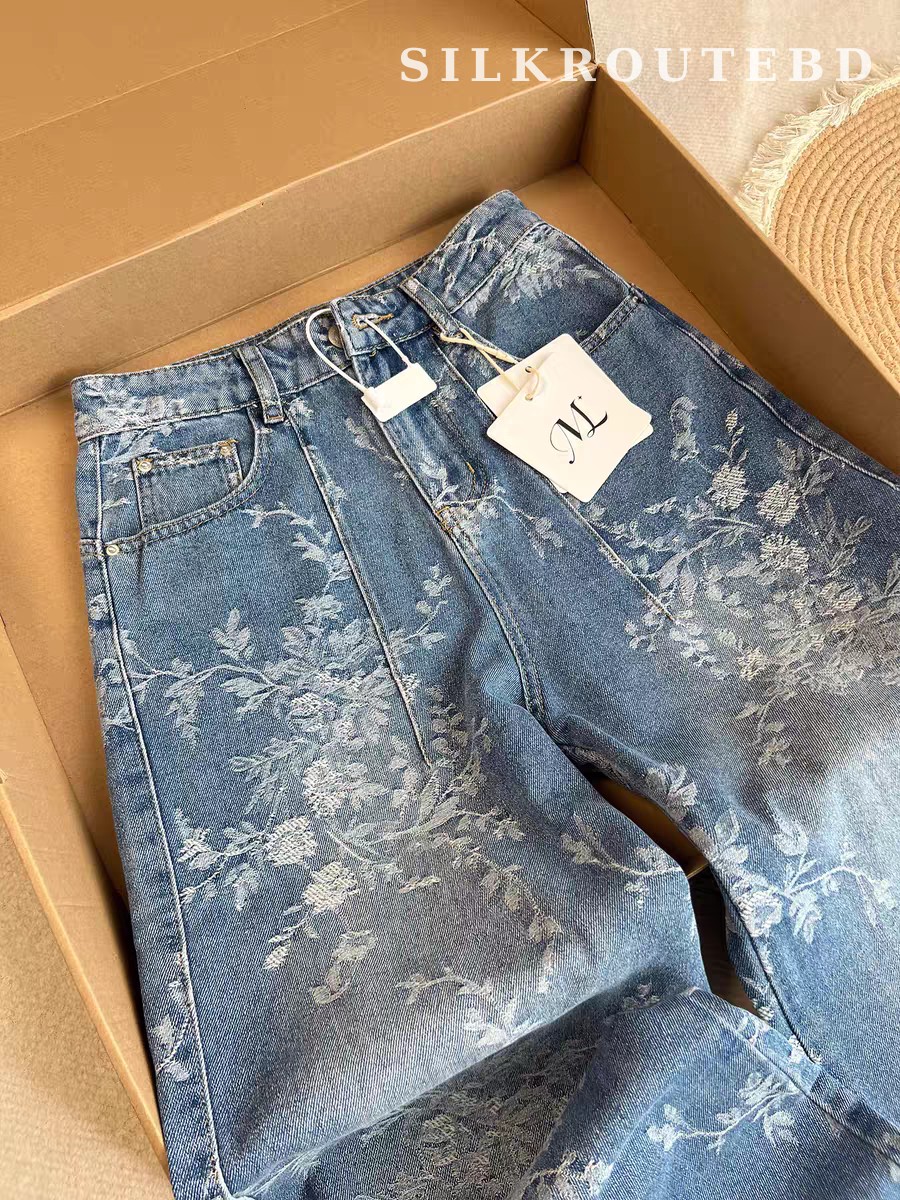 Vintage American Jacquard Embroidery Wide-Leg Jeans