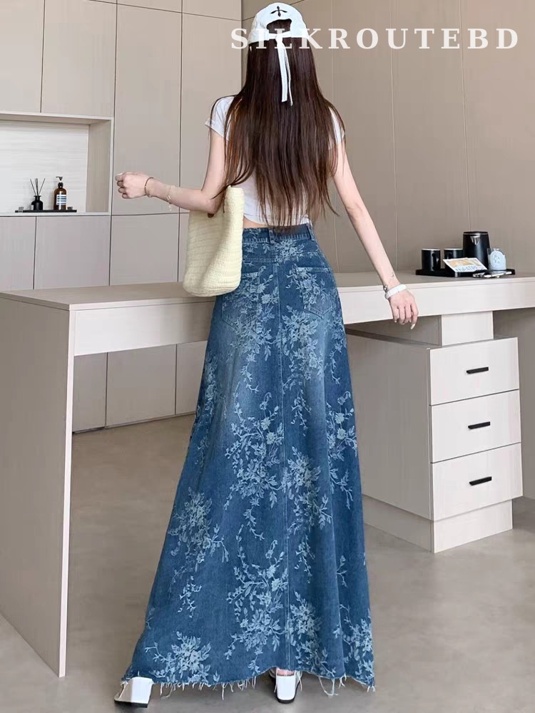 Vintage French Jacquard Denim Look A-Line Skirt