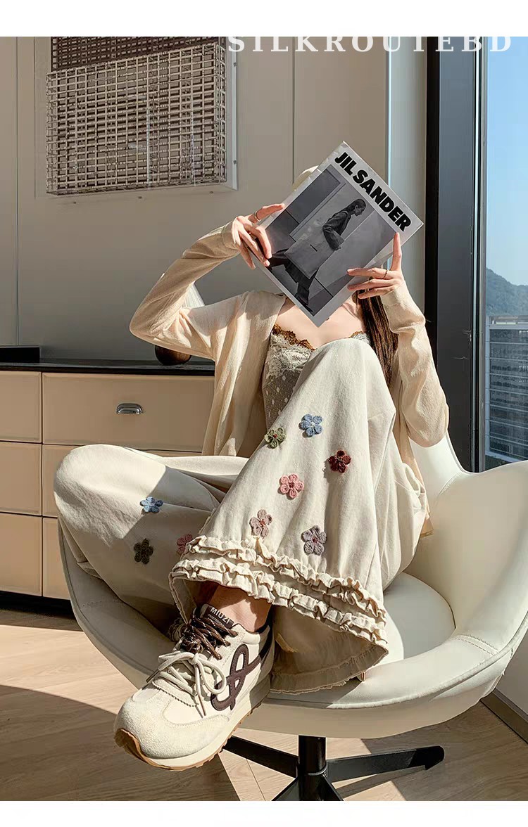 Korean Floral Ruffle High-Waist Wide-Leg Pants