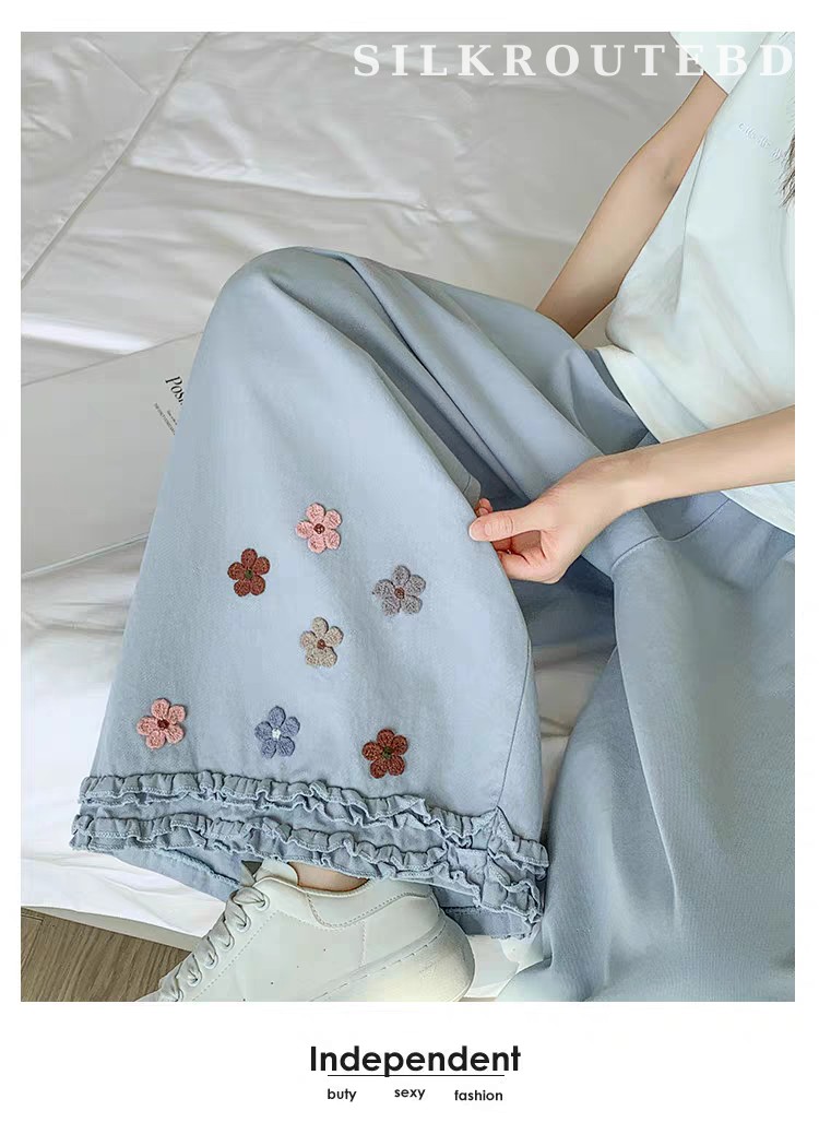 Korean Floral Ruffle High-Waist Wide-Leg Pants