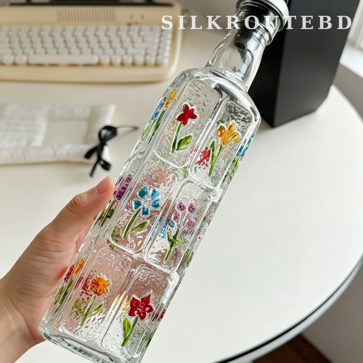 Vintage Hand-Painted Embossed Glass Oil Dispenser Bottle