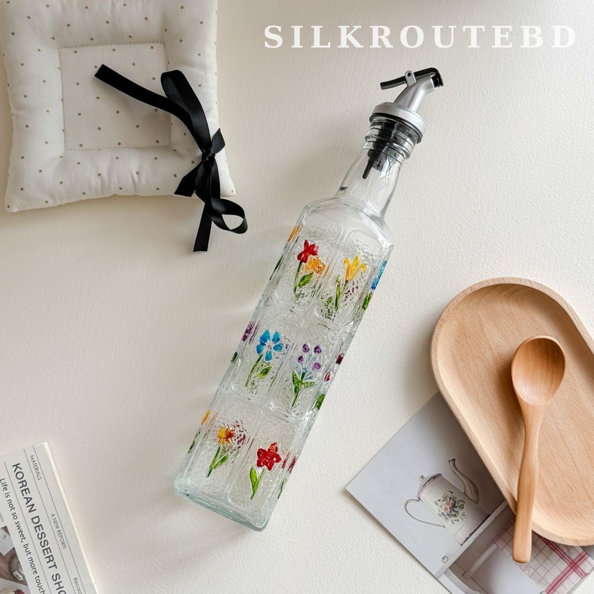 Vintage Hand-Painted Embossed Glass Oil Dispenser Bottle
