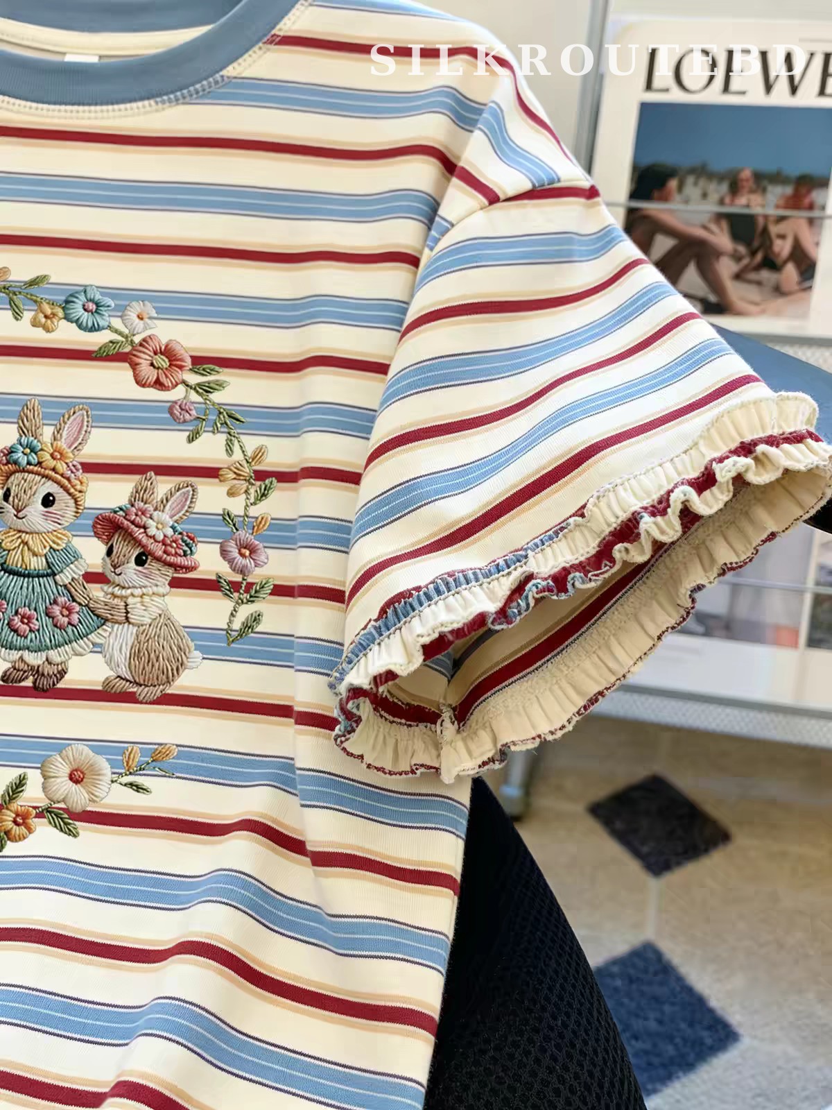 Cartoon Rabbit Print Ruffle-Sleeve T-shirt 
