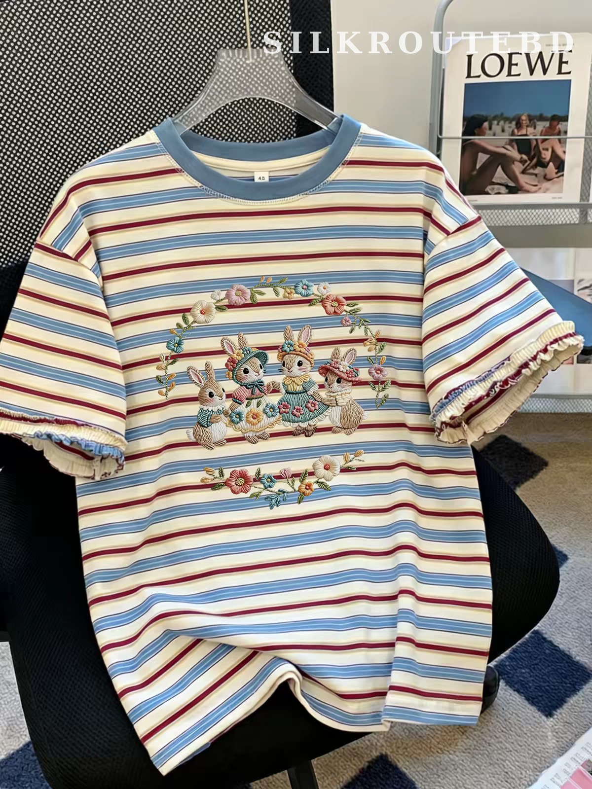 Cartoon Rabbit Print Ruffle-Sleeve T-shirt 