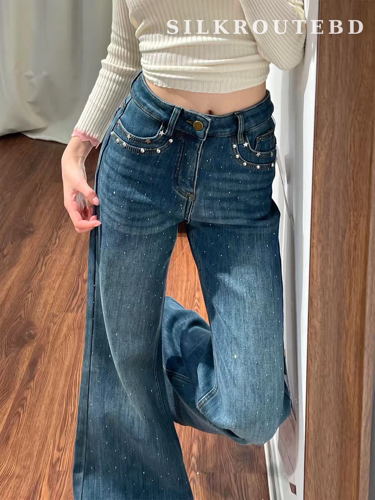 Vintage Starry Rhinestone Flare Jeans Pant