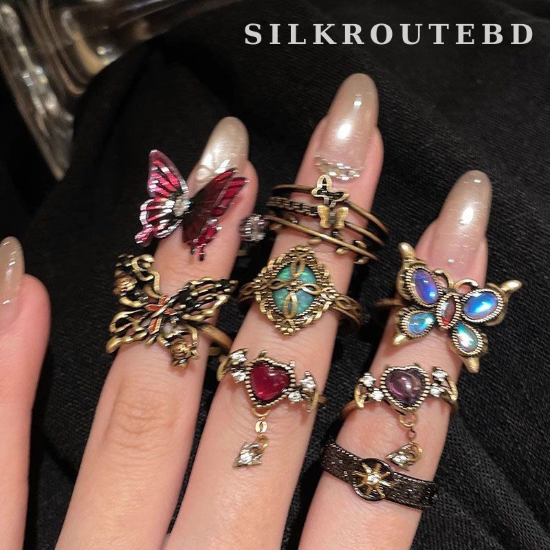 Dark Series Butterfly Sunflower Open Ring Set