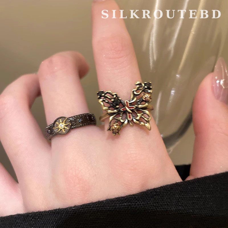 Dark Series Butterfly Sunflower Open Ring Set