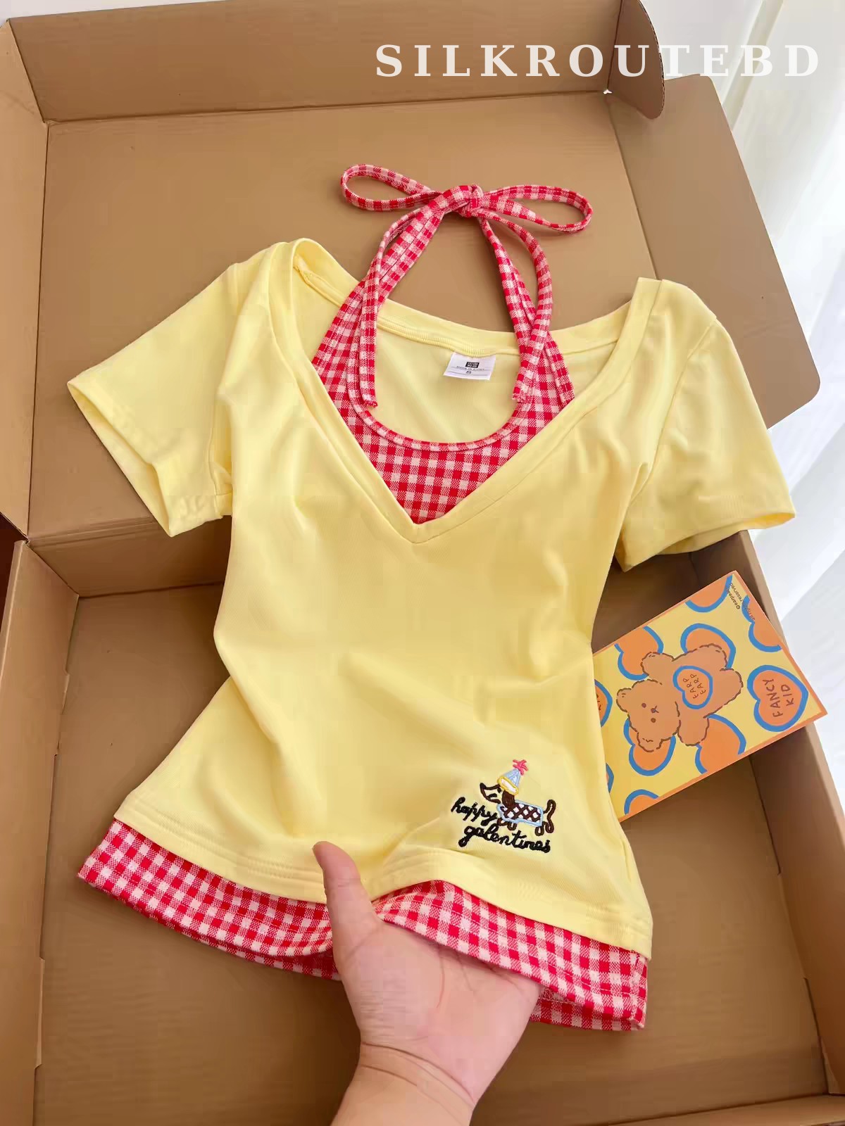 Shangmeige Korean Fake Two-Piece Yellow Cropped Tee