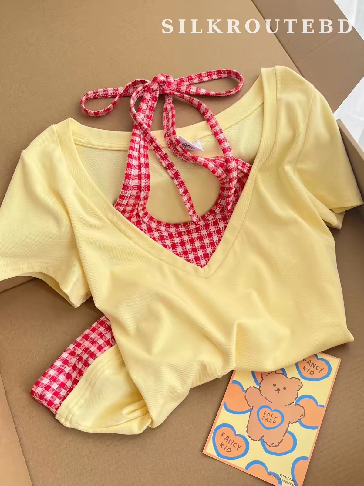 Shangmeige Korean Fake Two-Piece Yellow Cropped Tee