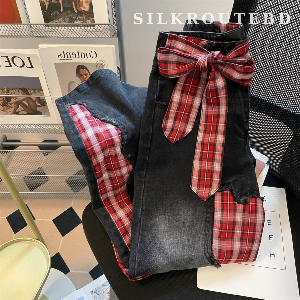 Patchwork Bow Detail Wide-Leg Jeans