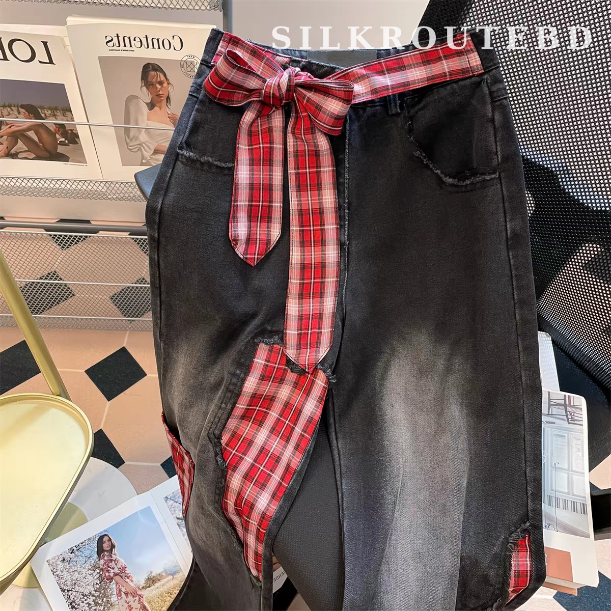 Patchwork Bow Detail Wide-Leg Jeans