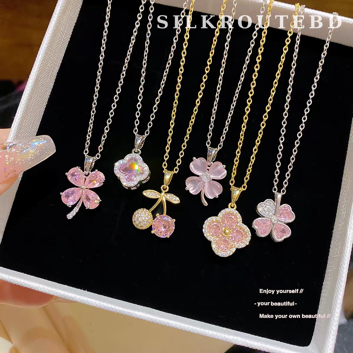 Pink Zircon Clover & Cherry Clavicle Necklace