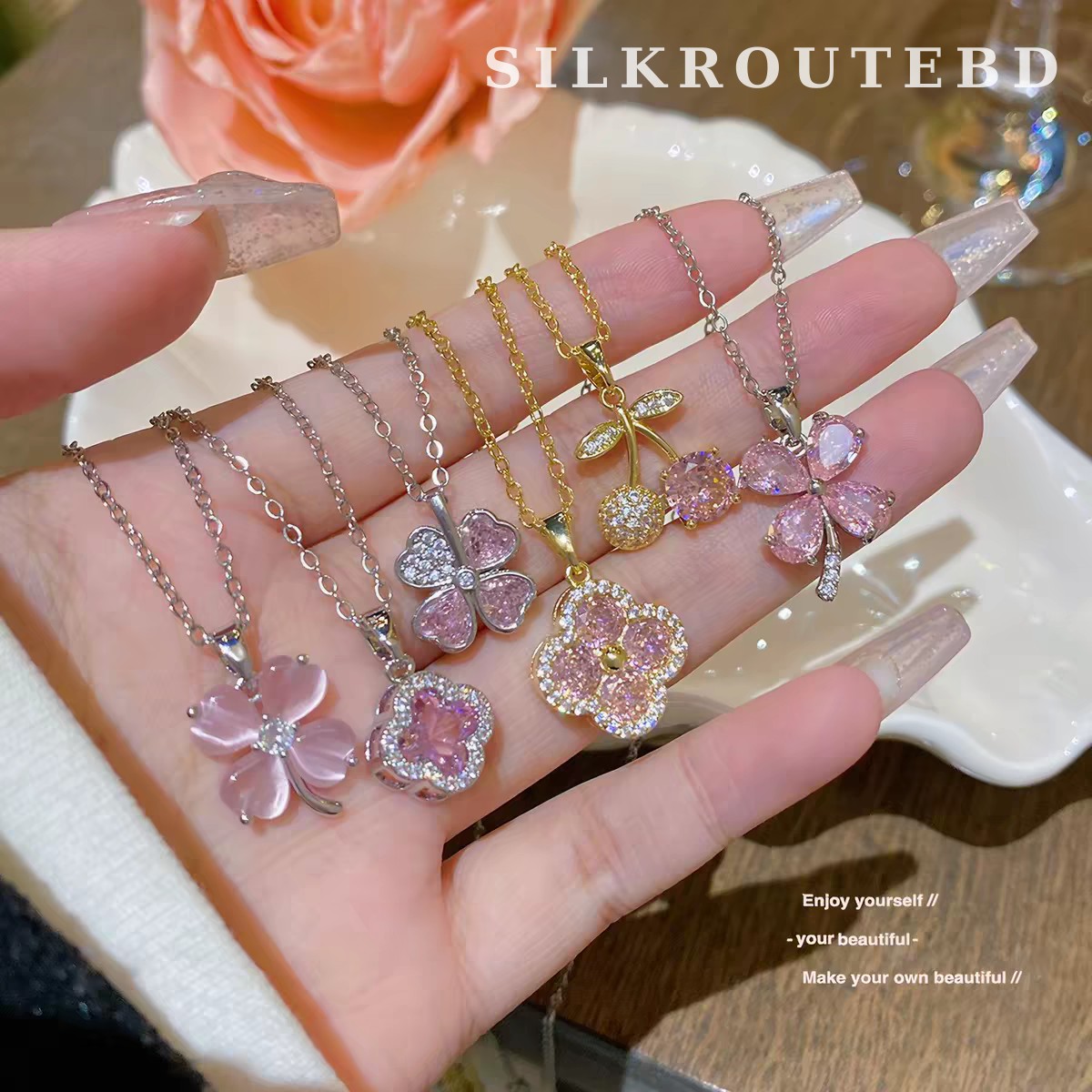 Pink Zircon Clover & Cherry Clavicle Necklace