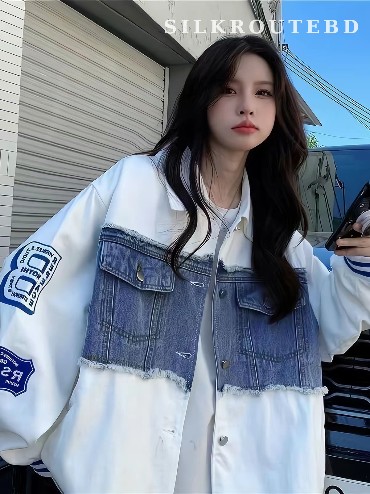 Distressed Denim Patchwork Varsity Jacket