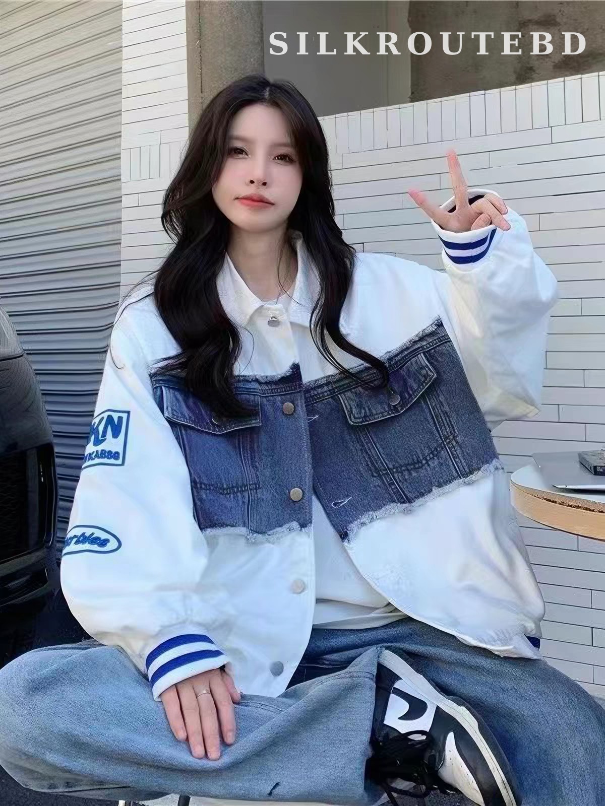 Distressed Denim Patchwork Varsity Jacket